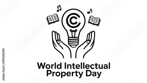 world intellectual property day line art illustration with light bulb idea symbol and protective hands representing creativity copyright patent trademark and innovation protection, minimal design 