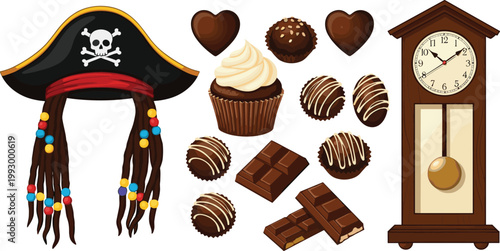 Pirate Captain Hat with Dreadlocks and Beads, Assorted Chocolate Truffles, Cupcake, and Vintage Wooden Grandfather Clock Vector Illustration Collection
