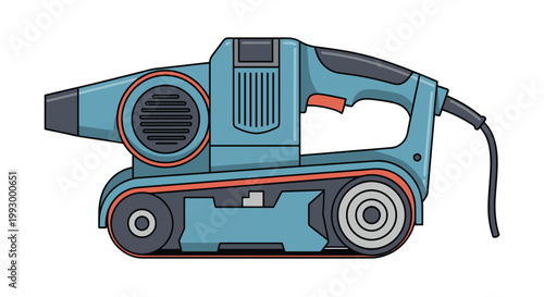 Side view illustration of a professional blue electric belt sander tool used for woodworking and surface finishing projects.