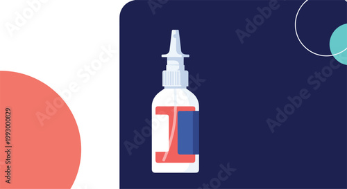 Illustration of a medical nasal spray bottle with a white nozzle and blue label against a dark blue background with colorful circles.
