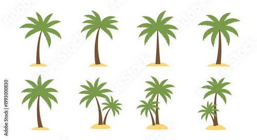 Collection of eight palm tree illustrations in different configurations and sizes set on small sand mounds for tropical themes.