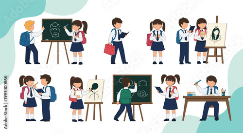 Diverse set of schoolchildren in uniforms participating in classroom activities like painting, reading, writing, and drawing on a board.