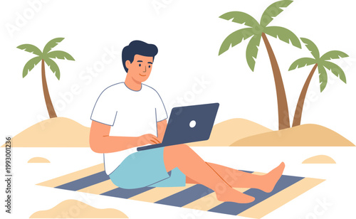 Man works on laptop sitting on beach towel between palm trees