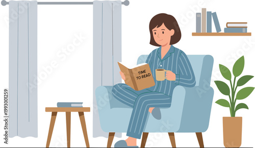 Woman reading book sitting on sofa in living room with coffee