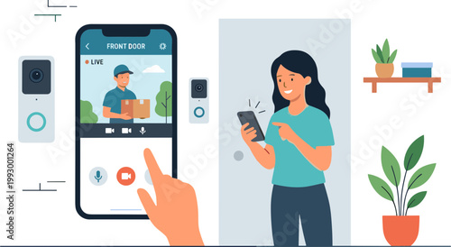 Woman interacts with smart home security system on smartphone indoors