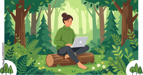 A woman sits on a log in a forest with a laptop surrounded by trees and foliage.