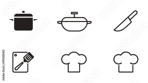 Culinary Essential Icons: A set of simple yet illustrative icons representing the basic tools of cooking, from a chef's hat to a sharp knife, capturing the essence of culinary art.
