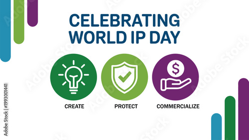 celebrating world intellectual property day banner with create protect commercialize icons representing innovation copyright patent trademark and business protection, modern flat design illustration 