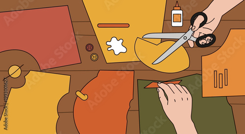 Hands crafting colorful paper shapes with scissors and glue