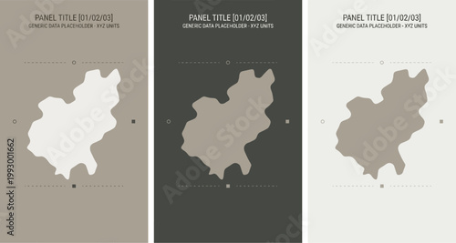 Panels display a simplified geographic shape in three distinct monochromatic shades for data visualization purposes.