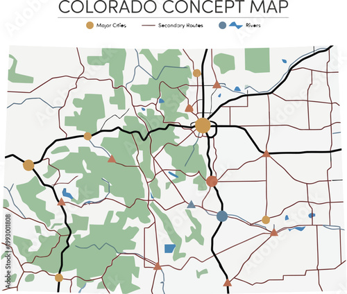 Colorado concept map illustrates major cities and secondary routes with a clear legend for logistical planning.