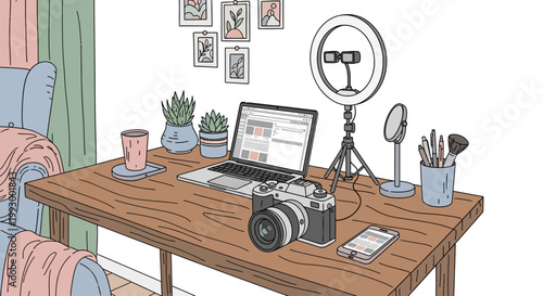 Home office workspace with camera and laptop