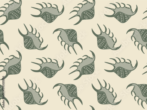 Seamless pattern with minimalist spider conch sea shells in earthy tones.

