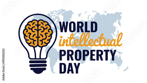 world intellectual property day typography with creative light bulb brain concept and global map background symbolizing innovation copyright patent trademark protection, modern awareness illustration 