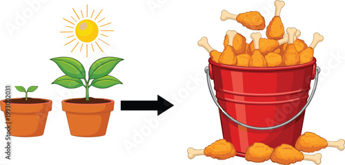 Small Seedling Growing into Large Green Plant in Pots under Sun and Red Metal Bucket Filled with Crispy Fried Chicken Legs Vector Illustration