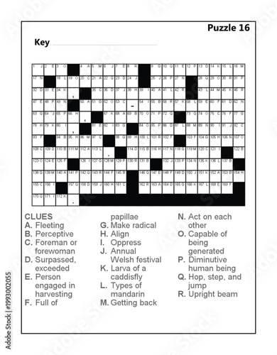 Acrostic Crossword Puzzle Page with Word Clues and Letter Grid for Educational Activity Puzzle 16
