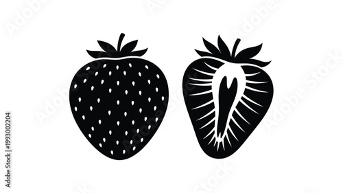 Black strawberry illustrations a whole fruit and a cross section silhouette