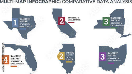 States map collection provides a comparative data analysis layout for specific regions with numbered ranking metrics.