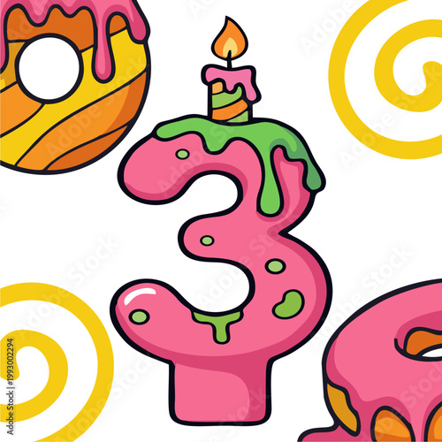 Candle Birthday Cake Number 3 with Glazed Donuts  Pink Vector Illustration
