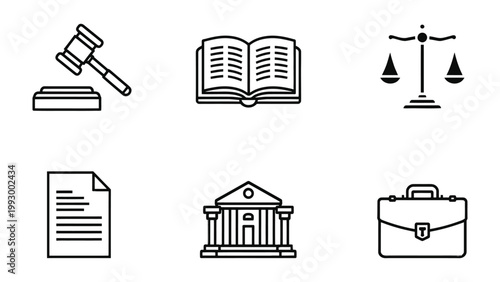 Legal Icons: A collection of simple, monochromatic icons representing elements of law and justice, including a gavel, book, scales, document, courthouse, and briefcase.
