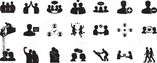 Friendship icon set with clean line style showing bonding trust support connection social life