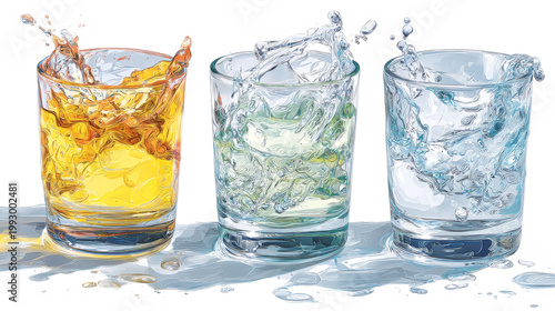 Three glasses filled with drinks show splashes as liquids move. The scene captures energy and freshness on a simple surface under bright light