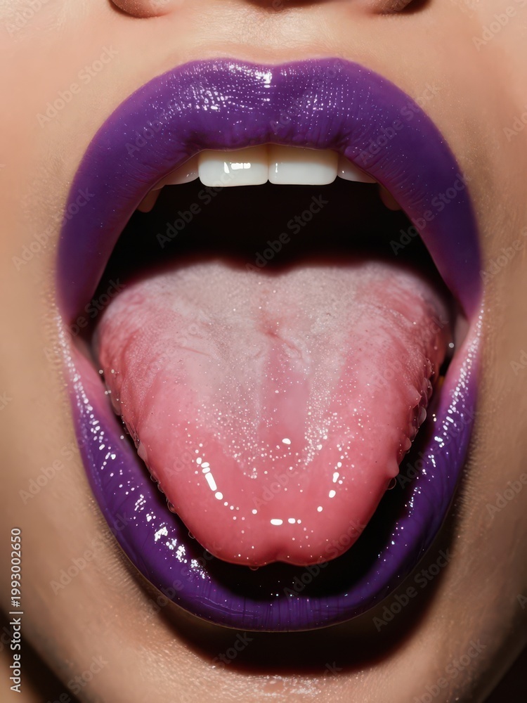 Obraz premium Mouth with purple lipstick is open, displaying a pink tongue and white teeth. Purple glossy lips frame an open mouth to reveal a tongue. Tongue shows glossy saliva beads.