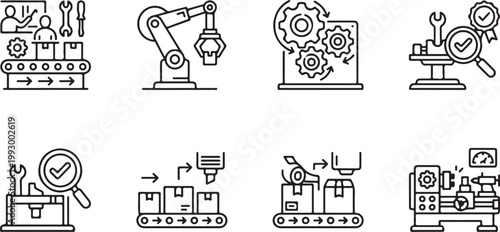 Industrial Automation Icons and Symbols during Production Process Vector Silhouette Isolated on white background