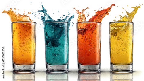 Four tall glasses filled with different colored drinks sit on a table. Each glass shows splashes of liquid, suggesting a lively moment