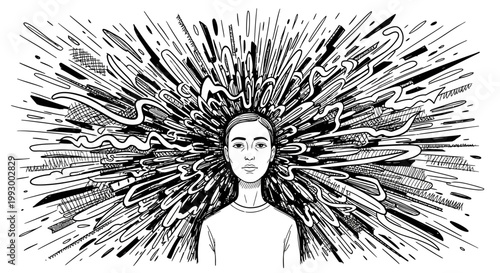 Illustration of a woman with explosive abstract hair