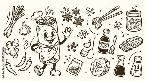 Vintage 1930s Rubber Hose Style Burrito Mascot and Asian Fusion Ingredients Doodle Set