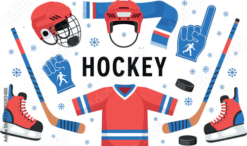 Ice hockey winter sports equipment flat vector illustration set featuring helmet sticks skates puck jersey and gloves