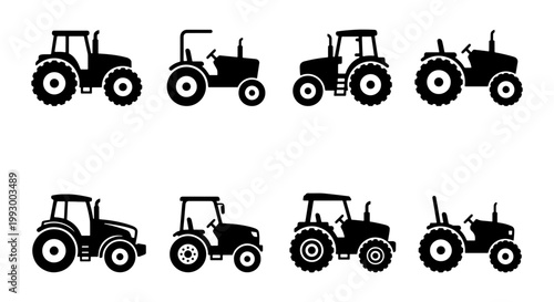 Agricultural tractor silhouette set, 8 farm machinery icons, heavy equipment vector collection for agribusiness and farming industry graphics