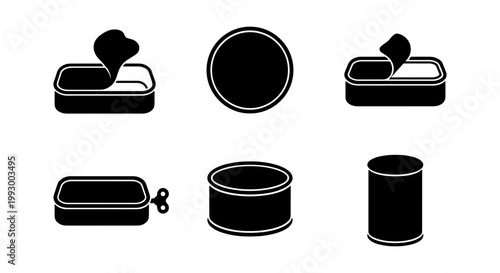 Canned food icon set, black silhouette tin cans for sardines and tuna, 6 vector elements for grocery packaging and pantry storage design