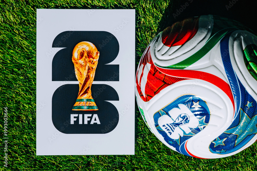 Naklejka premium Official Match Ball of FIFA World Cup 2026 on the Pitch with Tournament Logo in USA, Canada and Mexico