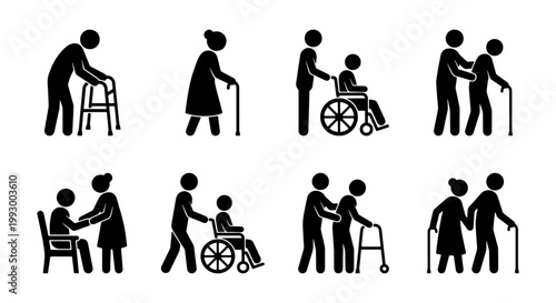 Elderly care stick figure icons set, senior people with mobility aids and caregivers, nursing home patient assistance vector illustrations