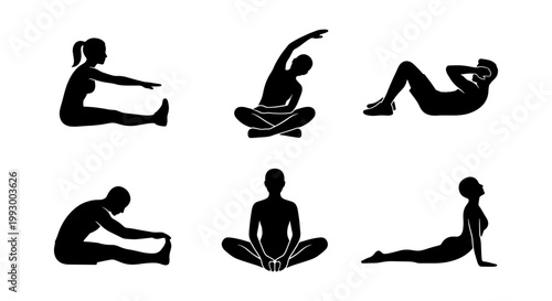 Yoga and fitness silhouette icons, set of 6 workout exercise poses, black vector people stretching and doing pilates on white background