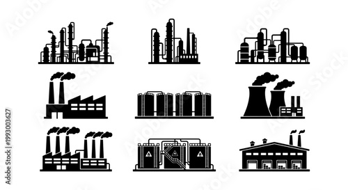 Industrial factory icons set, black silhouette manufacturing plant buildings, oil refinery and power station vector illustrations, 9 chemical processing facility elements
