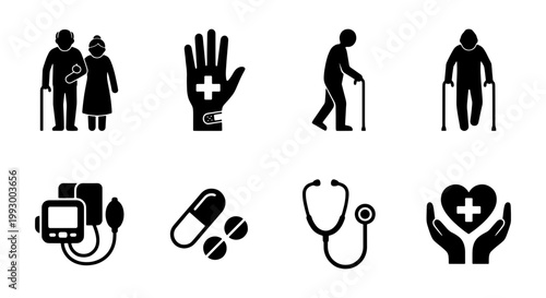 Elderly care and medical icons set, 8 black vector silhouettes for geriatric health, senior patient assistance and nursing home services