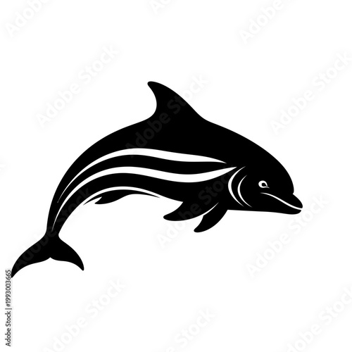 A striking black and white silhouette of a dolphin leaping gracefully out of the water, with stylized wavy lines on its body.