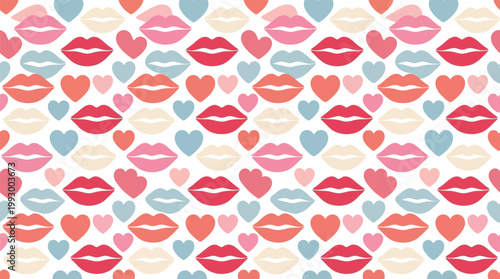 Lips pattern featuring a vibrant collection of colorful mouths and hearts creates a playful background for romantic occasions.