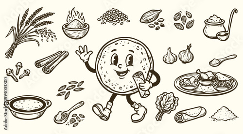 Vintage 1930s Style Injera Mascot and Ethiopian Platter Ingredients Doodle Set