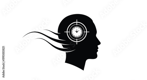Black silhouette human head with target, focused mind, mental clarity, vector icon