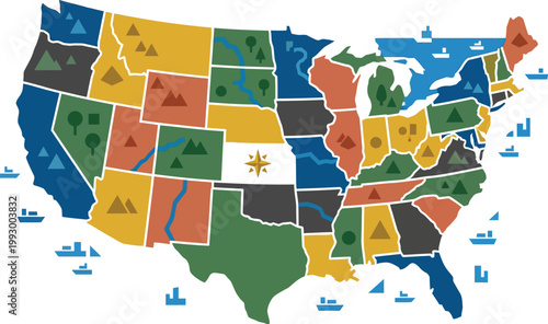 United States map features colorful state regions marked with various symbols representing different industries and regional resources.