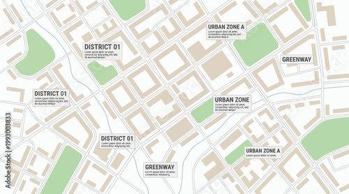 Map of an urban district illustrates city planning zones and greenway areas for municipal development projects.
