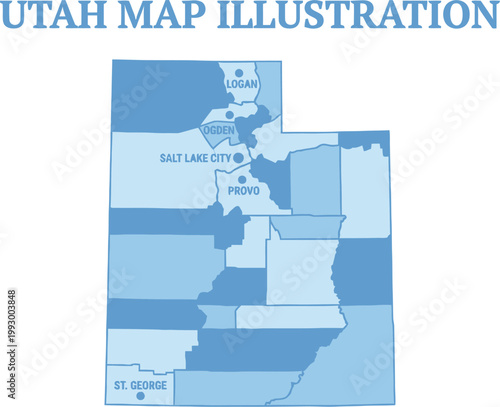Utah map illustration highlights major cities including Salt Lake City and Provo with blue tones.