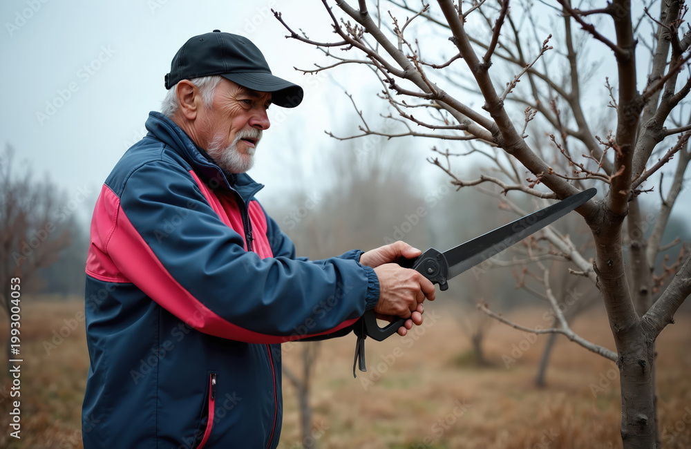 Naklejka premium Elderly man with grey beard saws tree branch in garden. He wears cap and jacket. Autumn work outdoors. Rural scene. Healthy senior person active lifestyle. Fruit tree care.