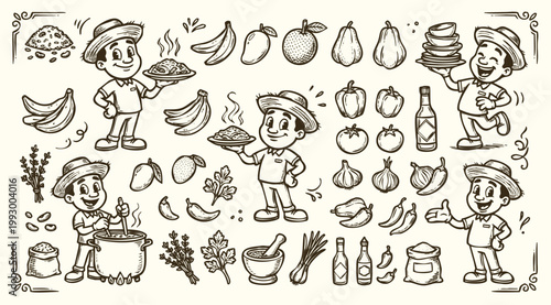 Vintage 1930s Style Chef and Haitian Street Food Ingredients Doodle Set
