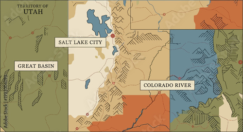 Utah territory map illustrates historical geographical boundaries with labeled landmarks and colored regions.