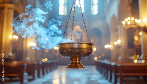 Encensoir de Cérémonie en Bronze avec de la Fumée dans une Église Cathédrale
